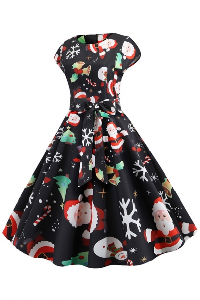 Womens Dress Chic Reindeer Snowflake Candy Cane Stocking Star Santa Claus Pattern Tie Waist Crew Neck Short Sleeve A-Line Slim Fit Midi Swing Dress