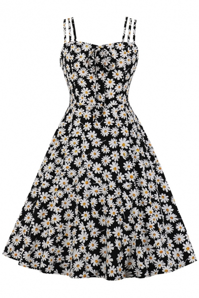 Womens Dress Fashionable Daisy Pattern Tie Detail Shirred-Back Sleeveless Midi A-Line Slim Fitted Spaghetti Strap Swing Dress