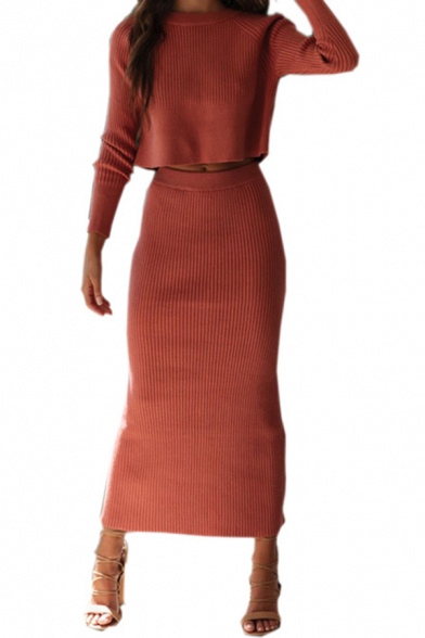 Womens Sweater and Skirt Sets Solid Color Rid Round Neck Long Sleeve Fitted Co-ords with Back Slit