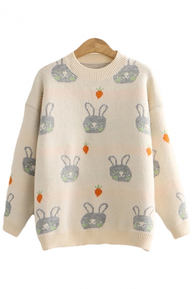 Womens Sweater Chic Rabbit Carrot Pattern Rib Trim Long Drop-Sleeve Relaxed Fitted Round Neck Sweater