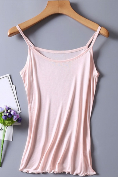 Casual Women's Tank Top Strap Solid Color Lettuce Trim Detail Round Neck Sleeves Fitted Cami Top