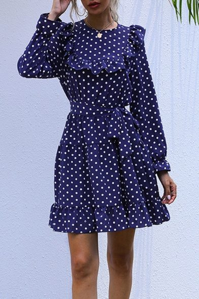 Classic Women's A-Line Dress Polka Dot Pattern Ruffles Banded Waist Belted Round Neck Long Sleeves Regular Fitted A-Ling Dress