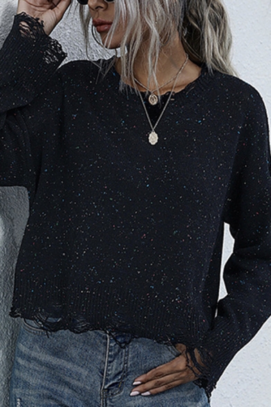 Creative Womens Sweater Glitter Frayed Edge Regular Fitted Crew Neck Long Sleeve Sweater