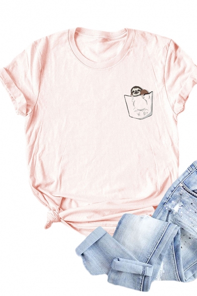 Cute Women's T-Shirt Sloth Pocket Pattern Crew Neck Rolled Short Sleeves Regular Fitted Tee Top