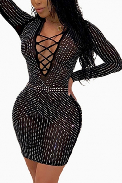 Elegant Women's Bodycon Dress Sequins Pattern Lace up Front Glitter Long-sleeved Slim Fitted Bodycon Dress