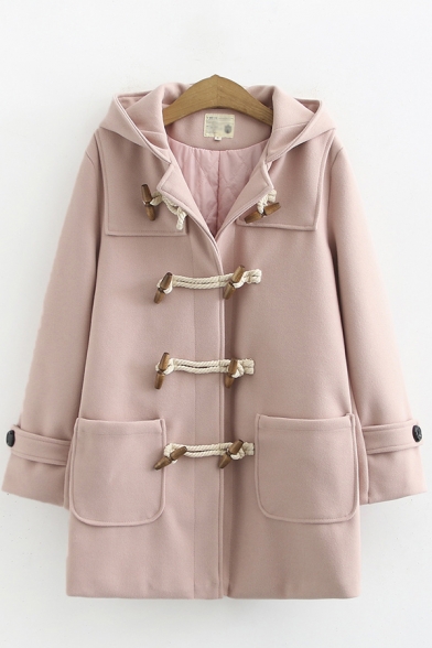 Fancy Women Coat Solid Color Front Pockets Horn Button Hooded Long Sleeves Loose Fitted Coat