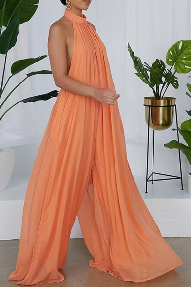 Fancy Women's Jumpsuit Pleated Detail Halter Neck Backless Solid Color Relaxed Fit Jumpsuit