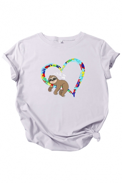 Fancy Women's Tee Top Cartoon Sloth Heart Multi Color Pattern Rolled Cuffs Crew Neck Short-sleeved Relaxed Fit T-Shirt