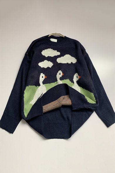 Girls Loose Fit Cute Three Ducks Printed Long Sleeve Navy Blue Pullover Sweater
