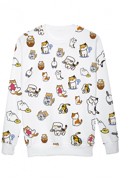 Kawaii Cat Print Pullover Cotton Blend Sweatshirt