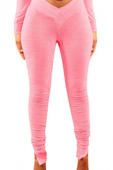 Leisure Women's Pants Solid Color Space Dye Pattern Pleated Detail Side Split Aymmetrical Waist Slim Fitted Long Pants