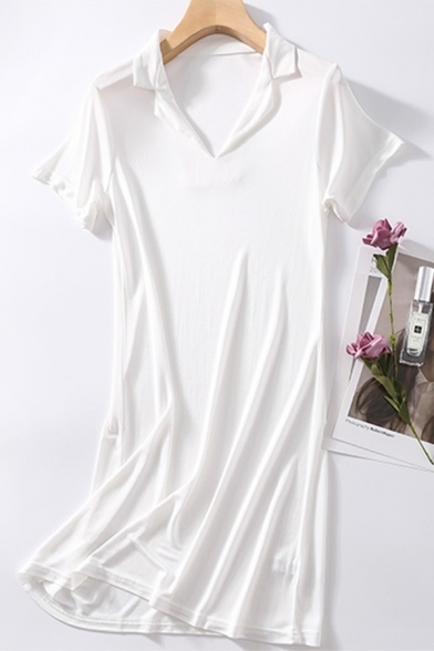 Leisure Women's T-Shirt Dress Plain V Neck Spread Collar Short-sleeved Fitted Short T-Shirt Dress