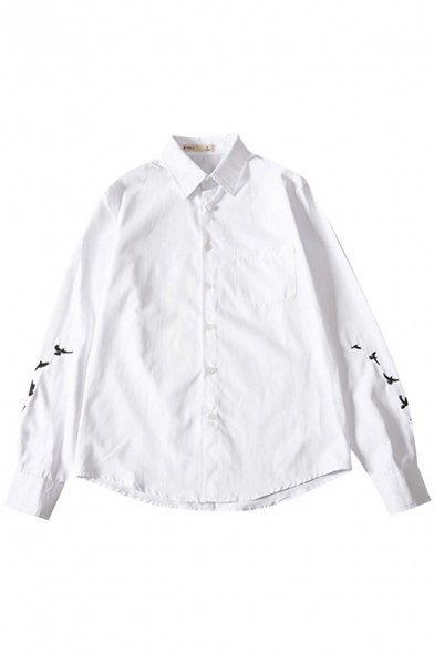 Mens Shirt Simple Bird Embroidered Chest Pocket Point Collar Button Detail Loose Fit Long Sleeve Shirt