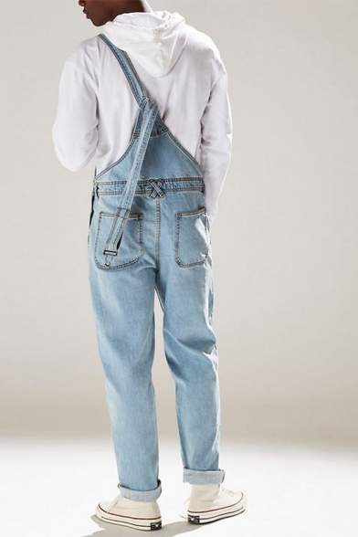 Fanteecy Mens Denim Bib Overalls Fashion Ripped Jeans Slim Jumpsuit with Pockets Light Blue Snow Washed Denim Bib Overalls