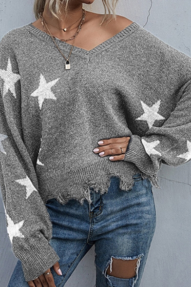 Novelty Womens Sweater Star Pattern Frayed Hem Long Sleeve Relaxed Fitted V Neck Sweater
