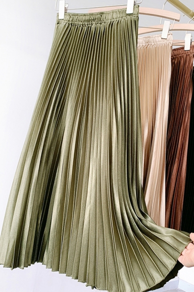 Popular Women's Skirt Velvet Solid Color Elastic Waist Midi Pleated Skirt