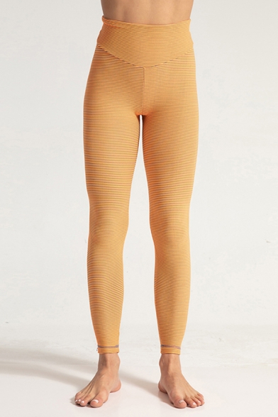 Quick Dry Women's Yoga Leggings Horizontal Stripe Pattern Pleated Elasticity High Waist Ankle Length Leggings