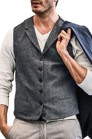 Retro Mens Vest Pocket Decoration Button down Slim Fitted Lapel Collar Sleeveless Vest