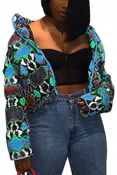 Retro Womens Down Jacket Abstract Pattern Color Block Zipper up High Neck Regular Fit Long Sleeve Puffer Jacket