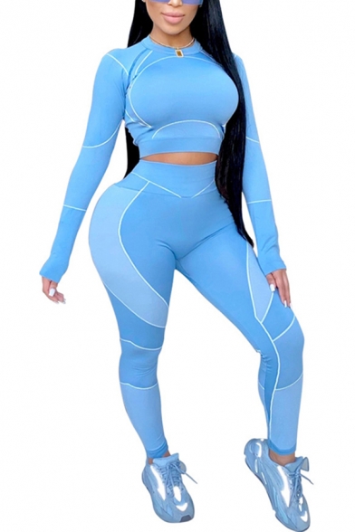 Sporty Women's Set Contrast Stitching Color Block Crew Neck Long Sleeves Banded Hem Slim Fitted Tee Top with High Waist Long Pants Set