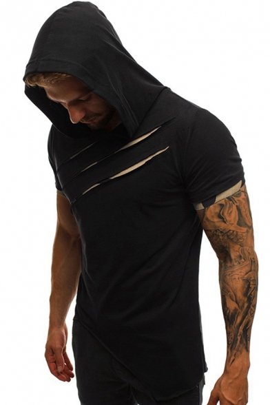 Stylish Mens Tee Top Patchwork Asymmetric Hem Faux Twinset Short-sleeved Regular Fitted Hooded T-Shirt