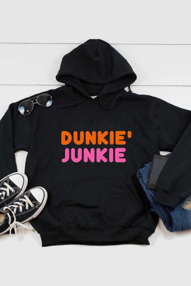 Stylish Women's Hoodie Dunkie Junkie Pattern Front Pocket Long-sleeved Regular Fitted Drawstring Hooded Sweatshirt
