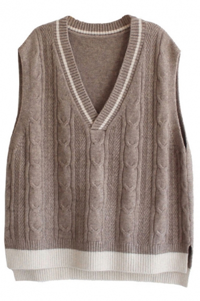 Stylish Women's Sweater Vest Cable Knitted Contrast Stripe Pattern Ribbed Trims V Neck Sleeveless Relaxed Fit Vest for Women
