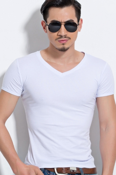 Summer Basic Plain Short Sleeve V-Neck Modal Slim Fit T-Shirt for Men