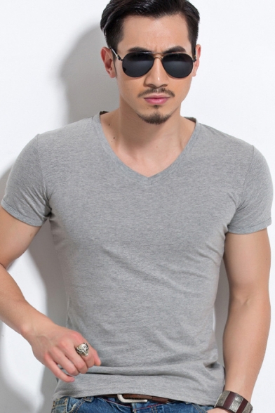 Summer Basic Plain Short Sleeve V-Neck Modal Slim Fit T-Shirt for Men