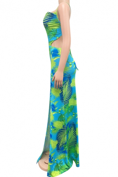 Trendy Women's Asymmetrical Dress Tropical Leaf Maple Pattern Front Slit Strapped Sleeveless Scoop Neck Regular Fitted Dress