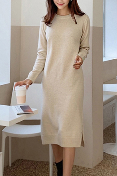 Trendy Women's Sweater Dress Solid Color Ribbed Trim Crew Neck Long-sleeved Regular Fitted Sweater Dress
