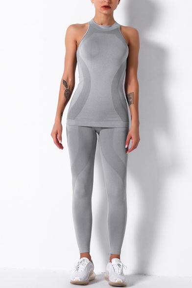 Trendy Womens Sporty Set Contrast Panel Heathered Crew Neck Sleeveless Slim Fitted Tank Top with High Waist Seamless Pants