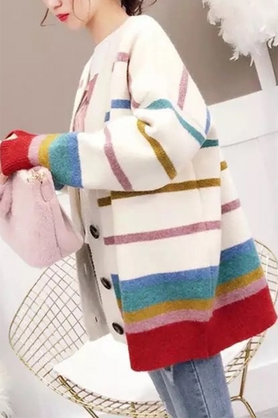 V Neck Long Sleeve Colorful Striped Printed Button Front White Cardigan
