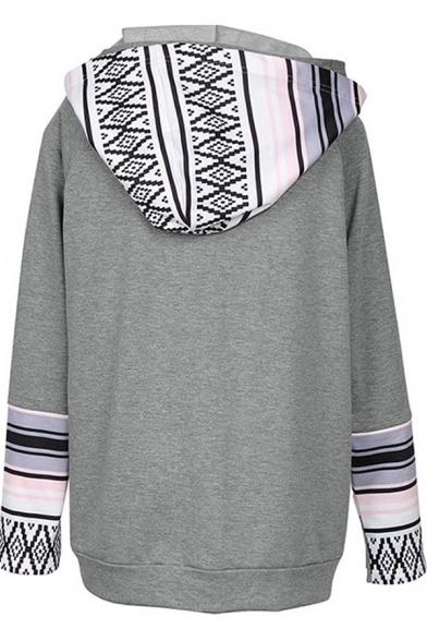 Vintage Women's Tee Top Tribal Printed Contrast Panel Zip Detail Front Pocket Drawstring Hooded Finger Hole Long-sleeved T-Shirt