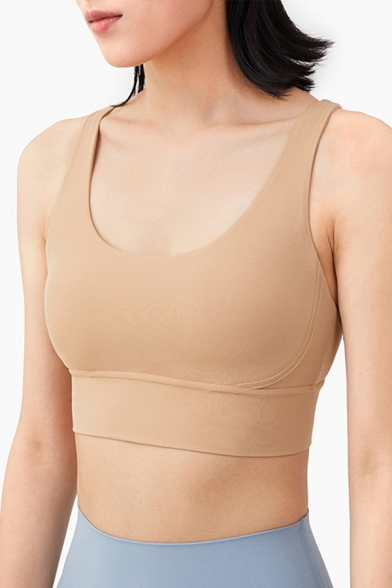 Womens Cami Top Fashionable Solid Color Nude Feeling Cross Beauty-Back Shockproof Skinny Fitted Cropped Sleeveless Scoop Neck Fitness Bra