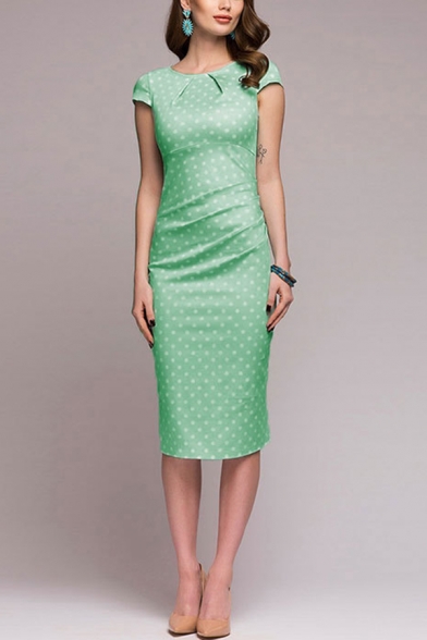 Womens Dress Fashionable Polka Dot Print Knee-Length Slim Fitted Round Neck Short Sleeve Bodycon Dress