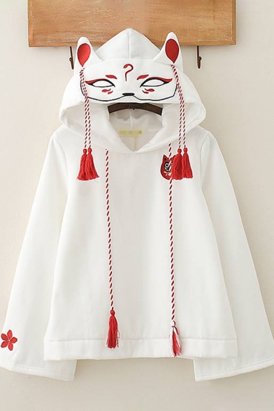 Womens Hoodie Chic Floral Fox Mask Embroidered Ear-Hood Tassel Drawstring Detail Long Flare Sleeve Relaxed Fitted Hooded Sweatshirt