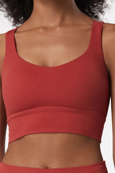 Womens Sport Cami Top Simple Plain Cross Beauty-Back Shockproof Cropped Sleeveless Scoop Neck Slim Fitted Fitness Bra