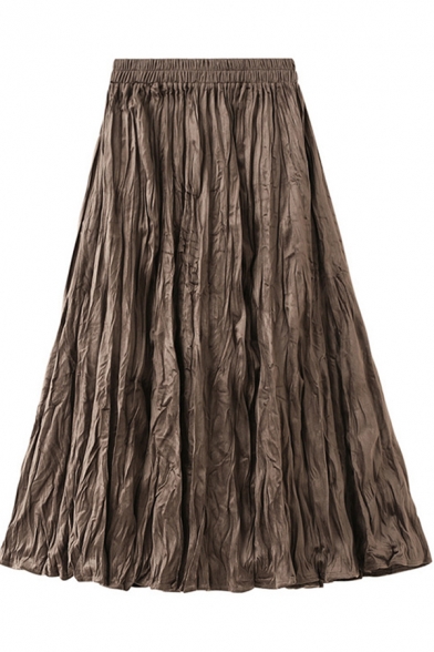 Womens Swing Skirt Stylish Velvet Pleated High Elastic Rise Midi A-Line Skirt