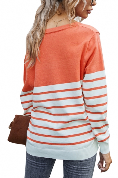 Basic Sweater Contrast Stripe Pattern off the Shoulder Ribbed Trim Long Sleeves Regular Fit Sweater for Women