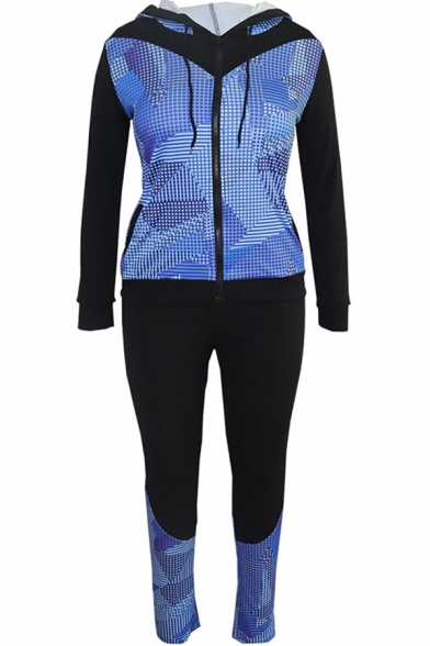 Basic Womens Co-ords Geometric Stripe Splash Pattern Slim Fitted Long Pants Zipper down Long Sleeve Hooded Jacket Sport Co-ords