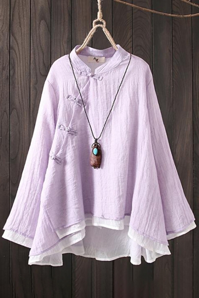 Basic Womens Shirt Contrast Double-Layer Cotton Linen Wrap Front Slant Frog Button Detail Long Sleeve Mandarin Collar Loose Fit Shirt
