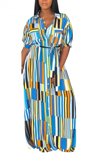 Basic Womens Swing Dress Color-Stripe Pattern Button up Turn down Collar Regular Fit Short Sleeve Maxi Shirt Dress