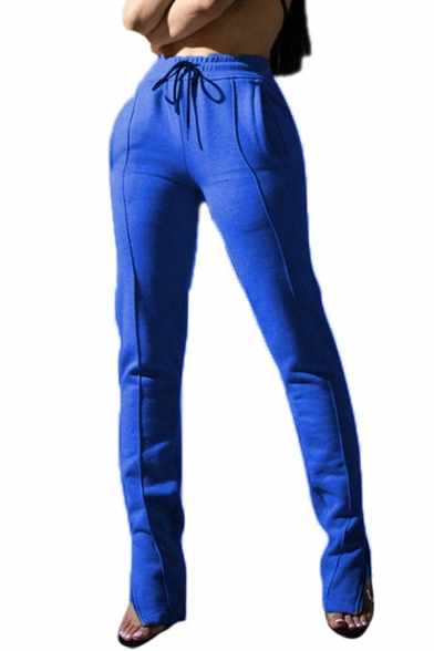 Casual Women's Pants Stripe Panel Side Pocket Solid Color Drawstring Elastic Waist Split Side Regular Fitted Long Pants