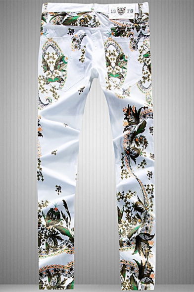 Chinese Style Tribal Floral Printed Mens White Casual Jeans