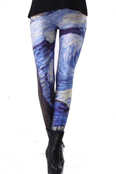 Classic Womens 3D Leggings Starry Sky Galaxy Tree Figure Print Skinny Fit 7/8 Length Leggings