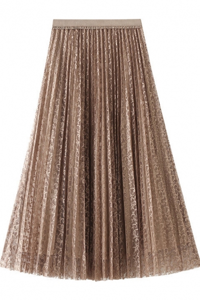 Classic Womens Skirt Lace Cotton Linen Convertible Midi High Elastic Waist A-Line Pleated Skirt