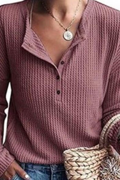 Classic Womens Sweater Solid Color Button Detail Long Drop-Sleeve Relaxed Fitted Round Neck Sweater