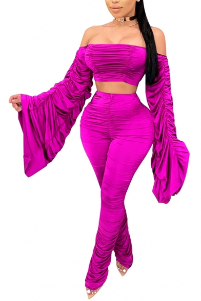 Creative Women's Set Ruched Design Solid Color off the Shoulder Long Sleeves Slim Fitted Cropped T-Shirt with High Waist Long Pants Co-ords