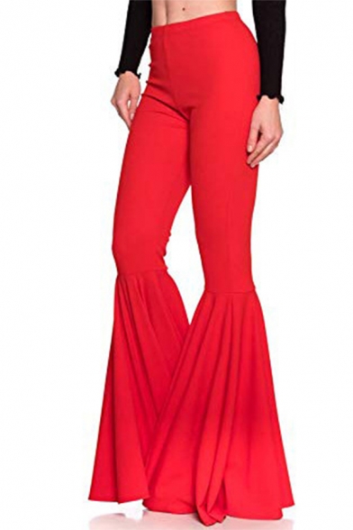 Creative Womens Pants Plain Pleated Mermaid Ruffle Bottoms Full Length High Rise Relaxed Fit Flare Relaxed Pants